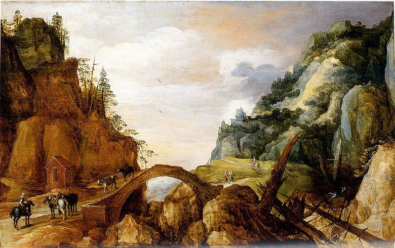 Joos de Momper mountainous landscape with horsemen and travellers crossing a bridge. China oil painting art